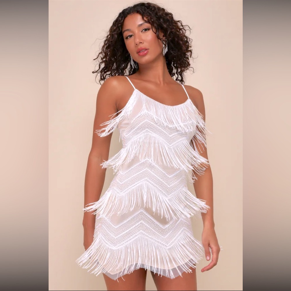 Lulus Dancefloor Dazzler White Fringe Mini Dress🪩